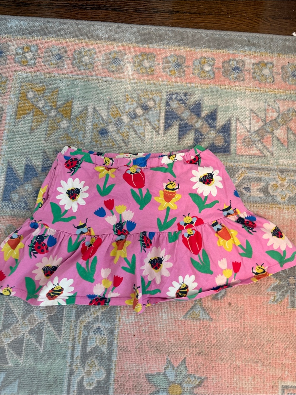 Mini Boden Pink Floral Tiered Skirt with Bees & Ladybugs (8-9)
